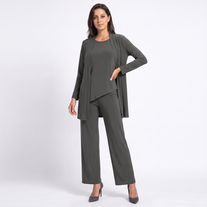 Women's Three Piece Trouser Suit Set Longline Cardigan Wide Leg Smart Casual