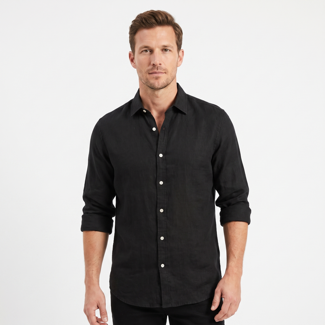 Men's Linen Long-Sleeve Shirt Slim-Fit Button-Down Smart Casual Top