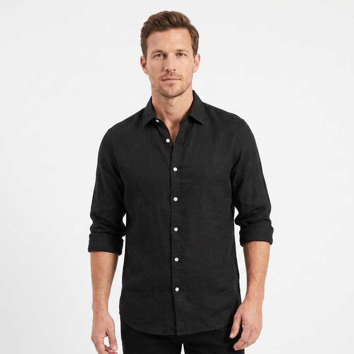 Men's Linen Long-Sleeve Shirt Slim-Fit Button-Down Smart Casual Top