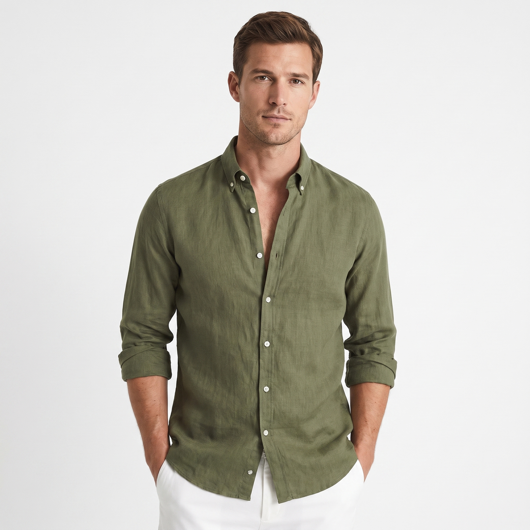 Men's Linen Long-Sleeve Shirt Slim-Fit Button-Down Smart Casual Top