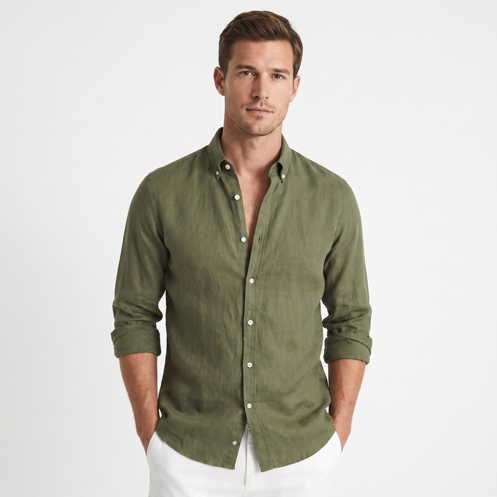 Men's Linen Long-Sleeve Shirt Slim-Fit Button-Down Smart Casual Top