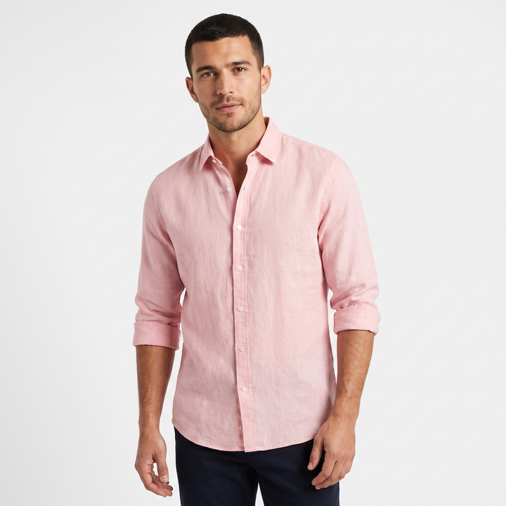 Men's Linen Long-Sleeve Shirt Slim-Fit Button-Down Smart Casual Top