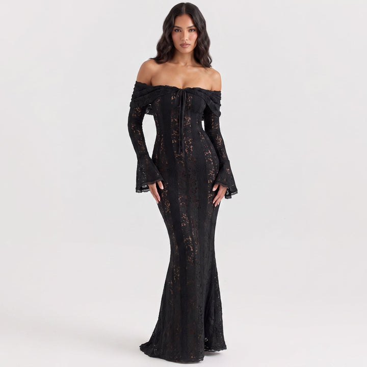Women's Lace Corset Maxi Dress Off-Shoulder Long-Sleeve Mermaid Formal Gown