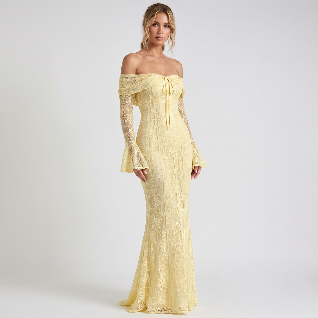 Women's Lace Corset Maxi Dress Off-Shoulder Long-Sleeve Mermaid Formal Gown