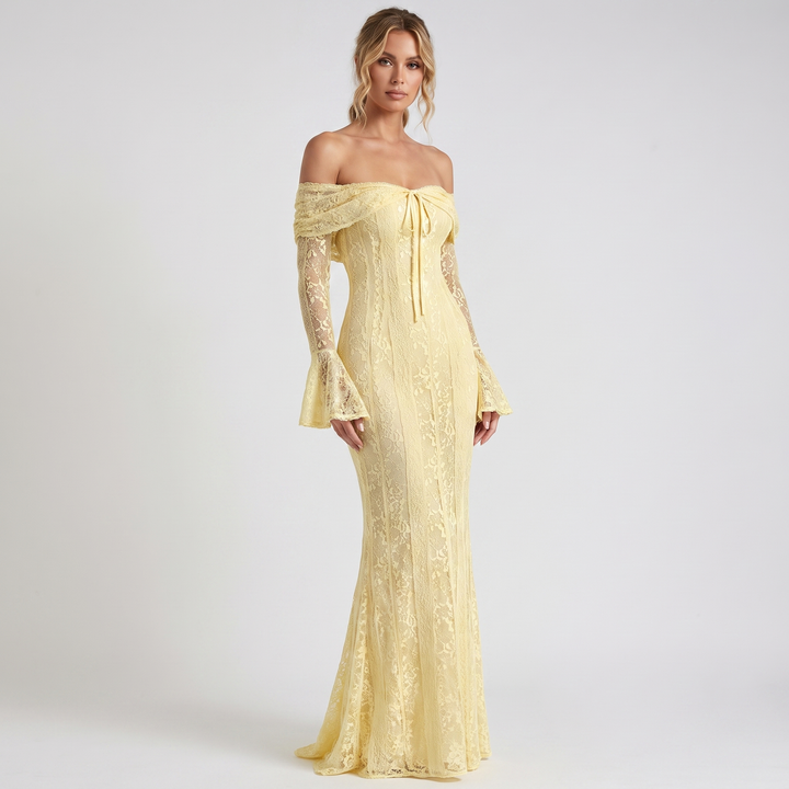 Women's Lace Corset Maxi Dress Off-Shoulder Long-Sleeve Mermaid Formal Gown
