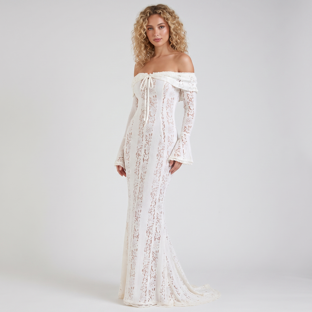 Women's Lace Corset Maxi Dress Off-Shoulder Long-Sleeve Mermaid Formal Gown
