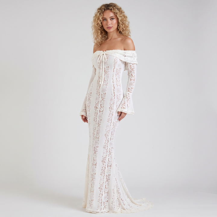 Women's Lace Corset Maxi Dress Off-Shoulder Long-Sleeve Mermaid Formal Gown
