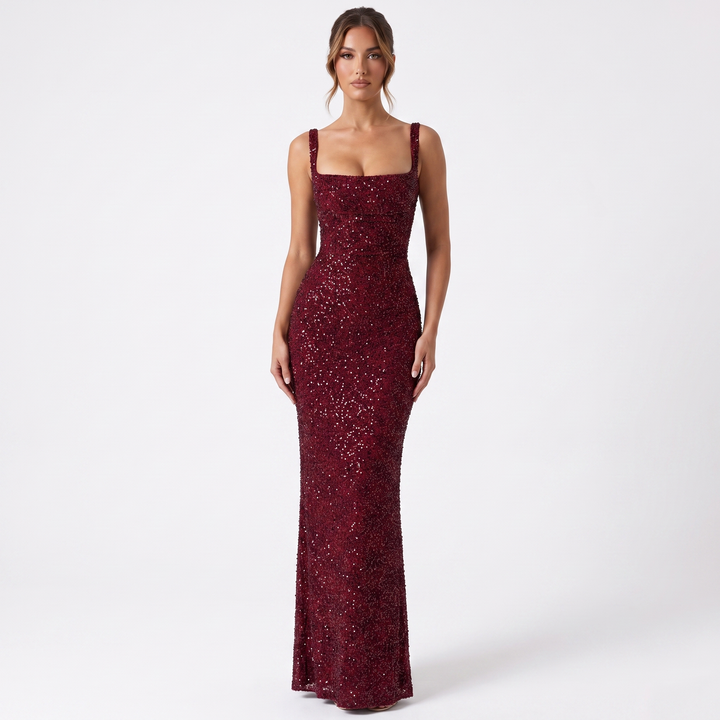 Women's Sequin Maxi Dress Sleeveless Square Neck Bodycon Formal Evening Gown