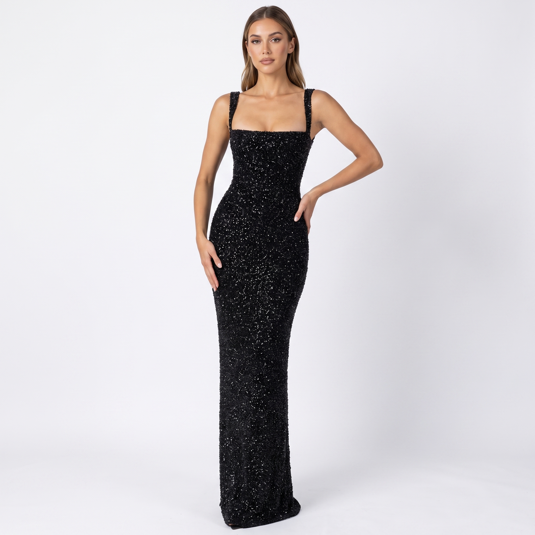 Women's Sequin Maxi Dress Sleeveless Square Neck Bodycon Formal Evening Gown