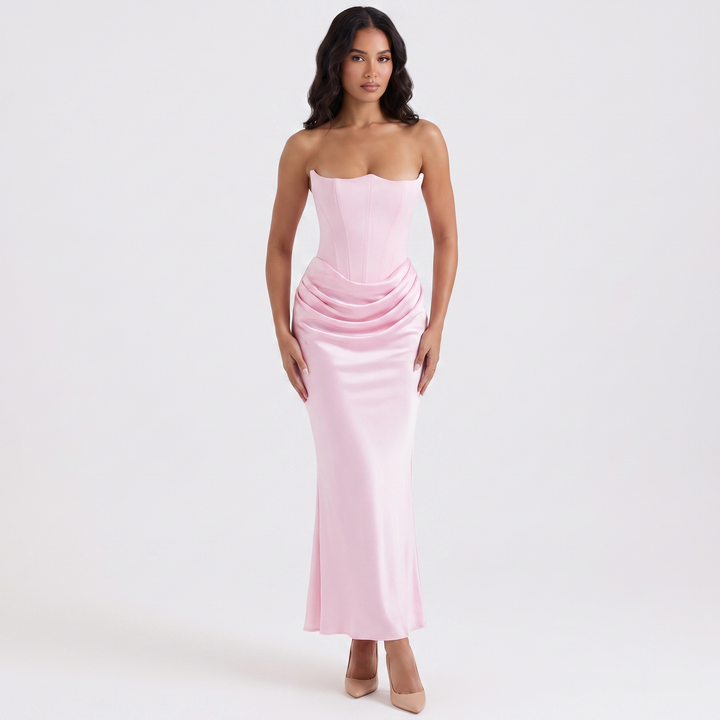 Women's Satin Corset Maxi Dress Strapless Ruched Bodycon Formal Evening Gown
