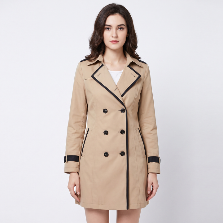 Women's Double Breasted Trench Coat Belted Contrast Trim Fitted Spring Outerwear