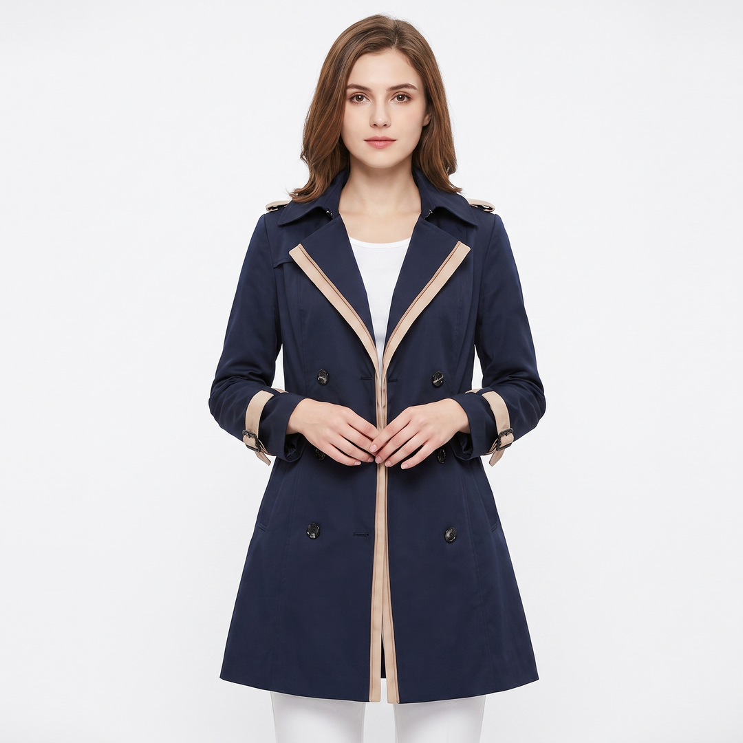 Women's Double Breasted Trench Coat Belted Contrast Trim Fitted Spring Outerwear