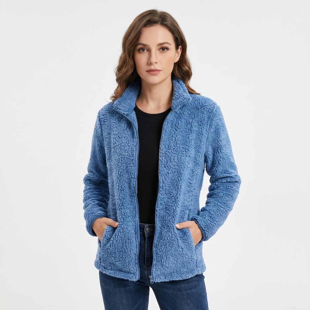 Women's Teddy Fleece Zip Up Jacket Stand Collar Fluffy Sherpa Casual Winter Coat