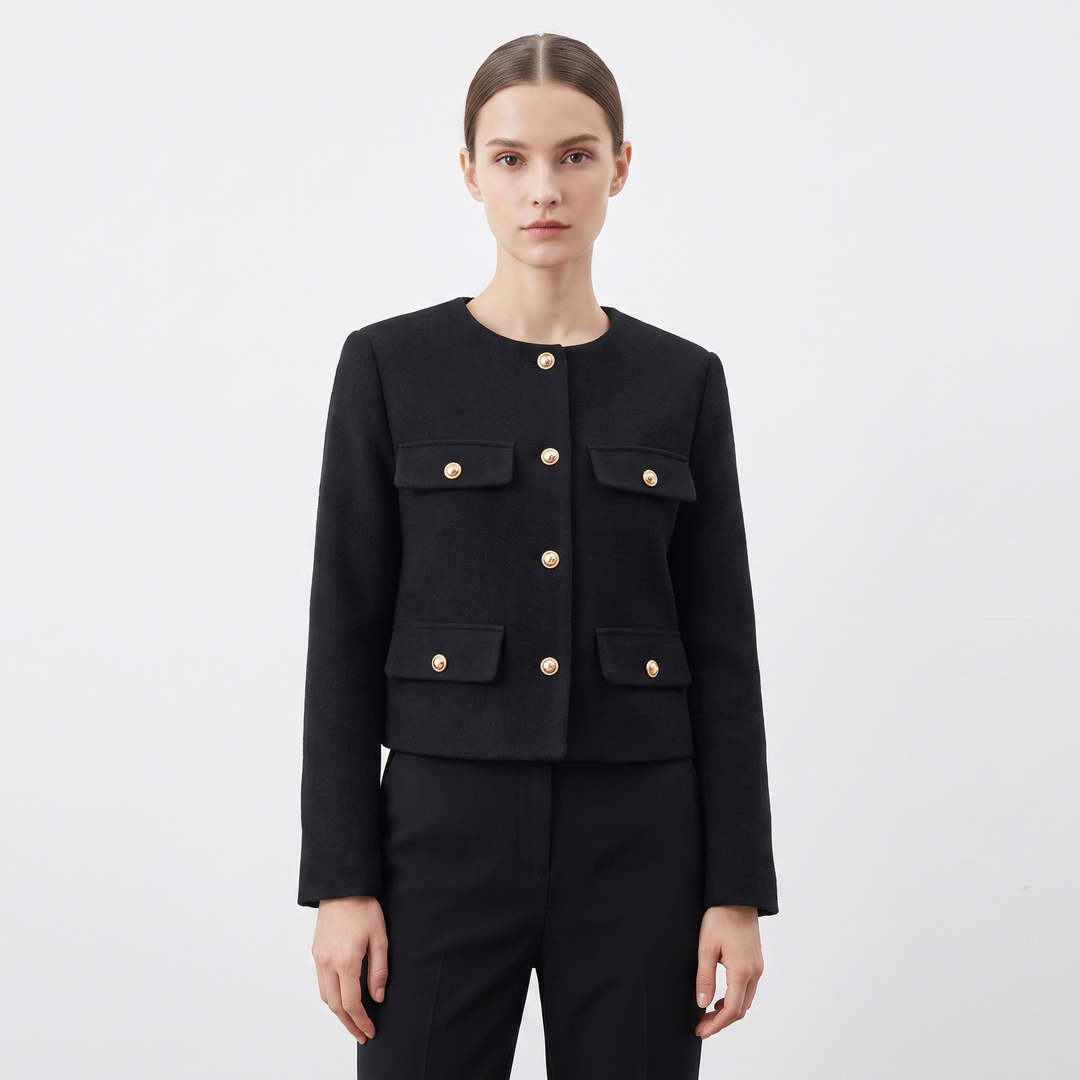 Women's Collarless Cropped Jacket Gold Button Wool Blend Boxy Smart Casual Coat