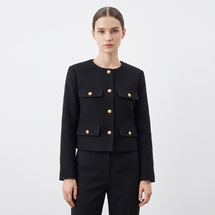 Women's Collarless Cropped Jacket Gold Button Wool Blend Boxy Smart Casual Coat