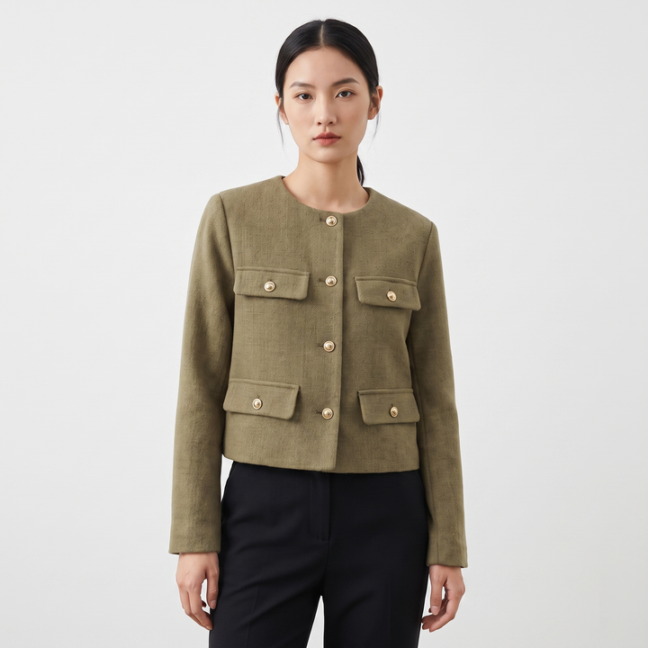 Women's Collarless Cropped Jacket Gold Button Wool Blend Boxy Smart Casual Coat
