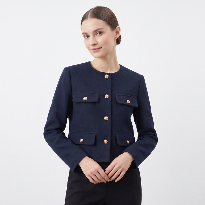 Women's Collarless Cropped Jacket Gold Button Wool Blend Boxy Smart Casual Coat