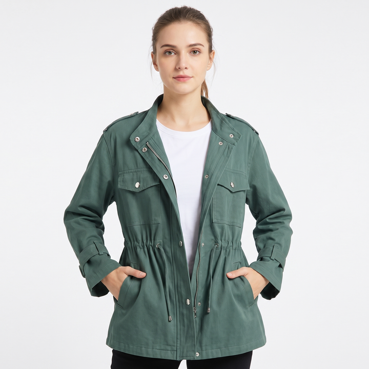 Women's Drawstring Waist Utility Jacket Zip Up Chest Pockets Casual Field Coat