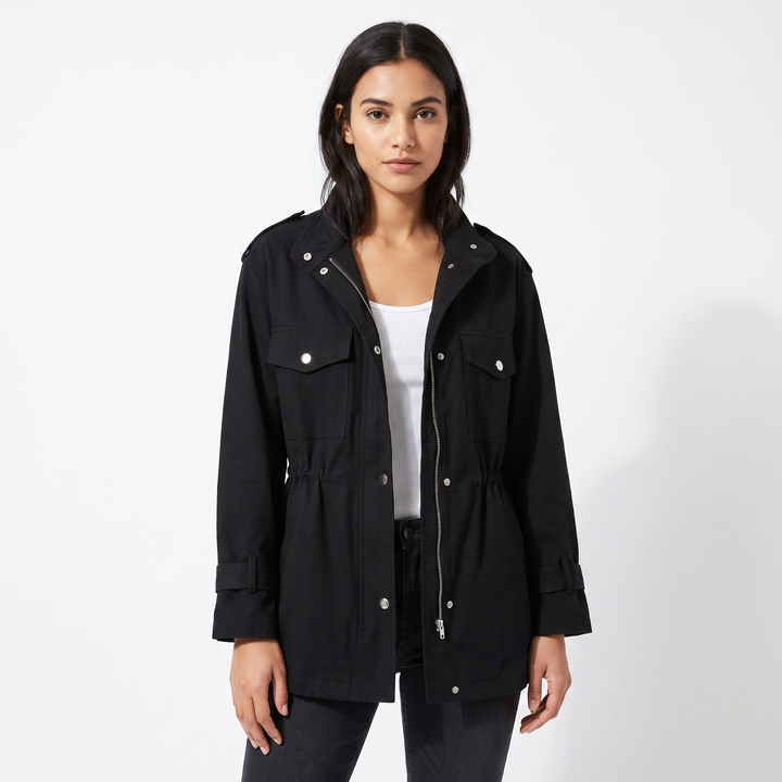 Women's Drawstring Waist Utility Jacket Zip Up Chest Pockets Casual Field Coat