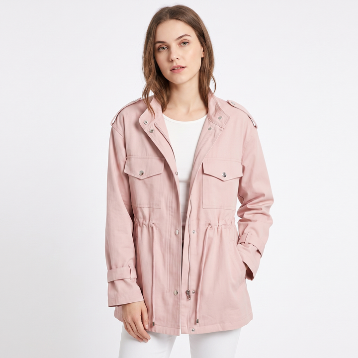 Women's Drawstring Waist Utility Jacket Zip Up Chest Pockets Casual Field Coat
