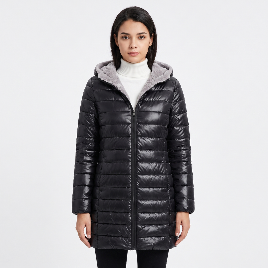 Women's Glossy Quilted Puffer Coat Sherpa Lined Hood Long Padded Winter Jacket