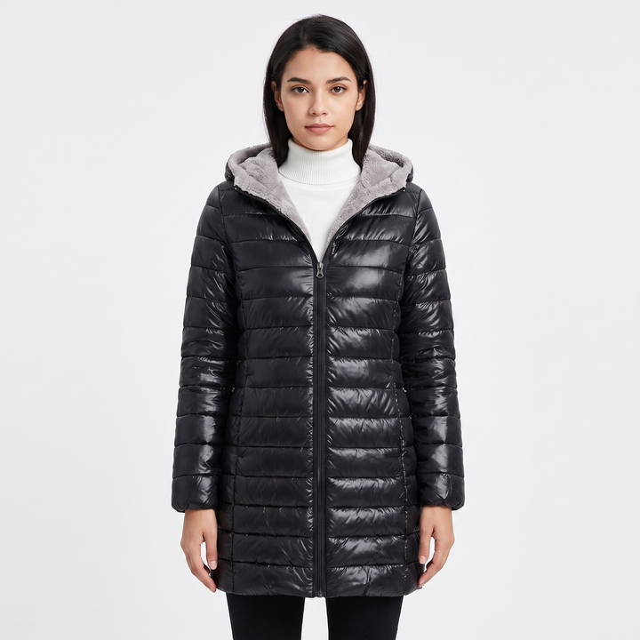 Women's Glossy Quilted Puffer Coat Sherpa Lined Hood Long Padded Winter Jacket