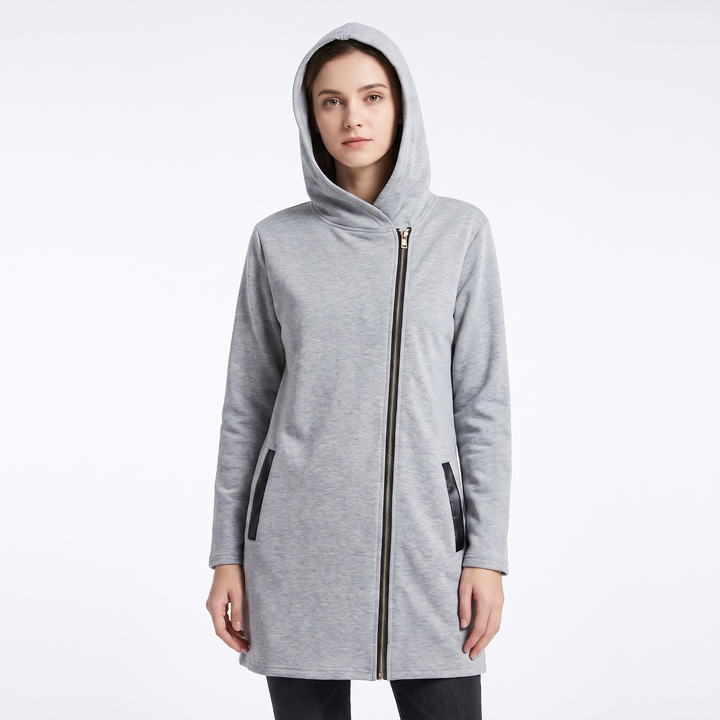 Women's Wool Blend Hooded Zip Up Coat Faux Leather Trim Midi Winter Jacket