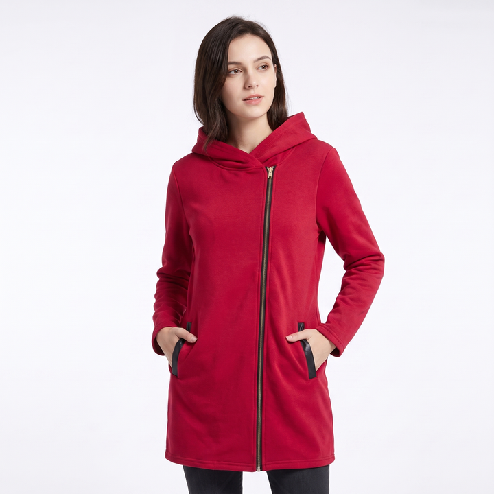 Women's Wool Blend Hooded Zip Up Coat Faux Leather Trim Midi Winter Jacket