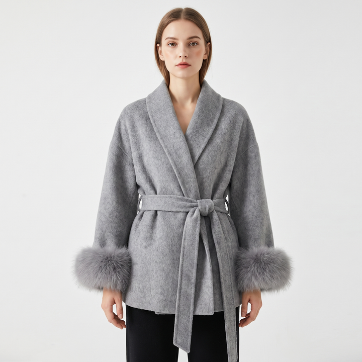 Women's Wool Blend Wrap Coat Faux Fur Cuffs Belted Shawl Collar Luxury Winter Coat