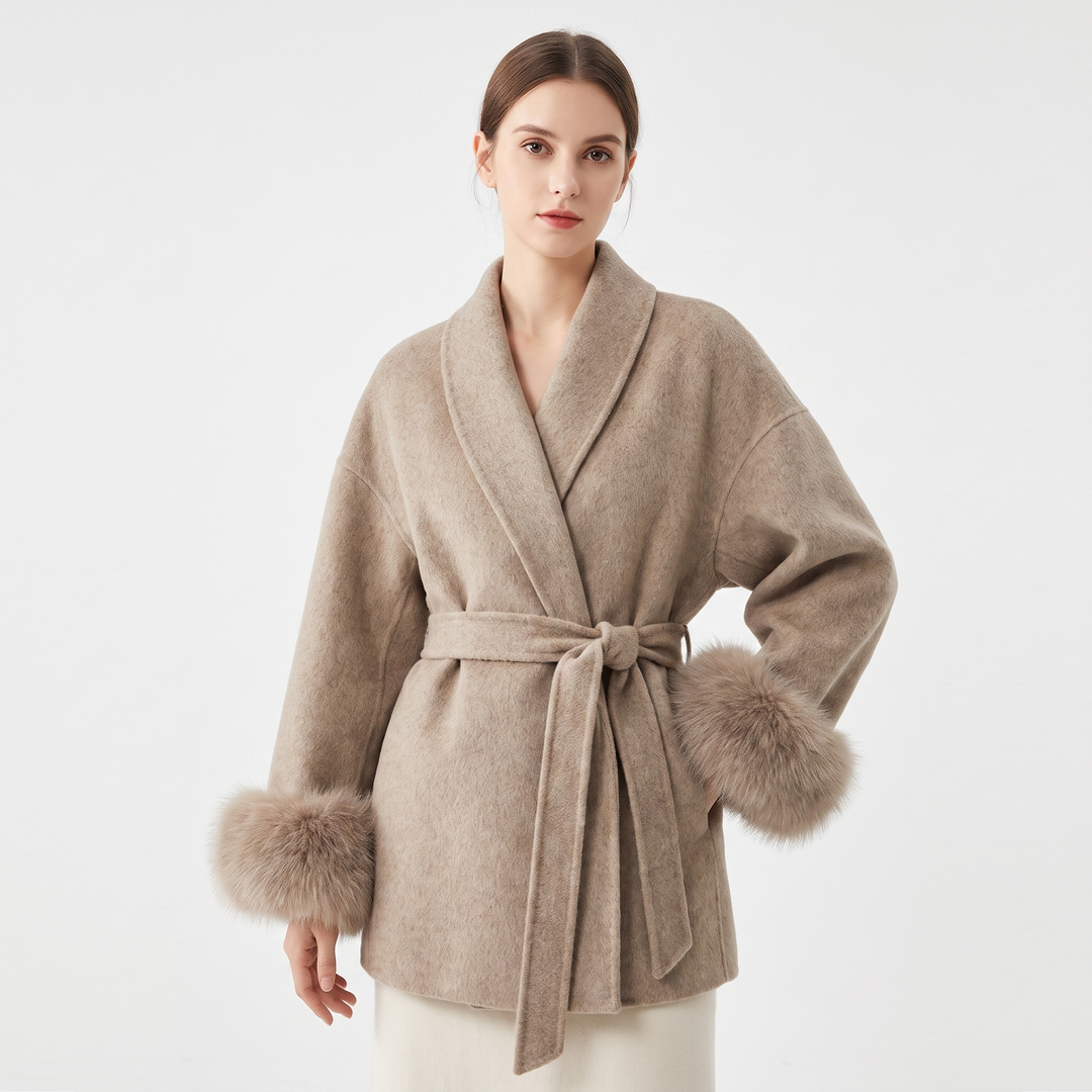 Women's Wool Blend Wrap Coat Faux Fur Cuffs Belted Shawl Collar Luxury Winter Coat