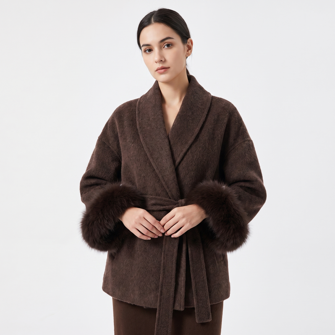 Women's Wool Blend Wrap Coat Faux Fur Cuffs Belted Shawl Collar Luxury Winter Coat