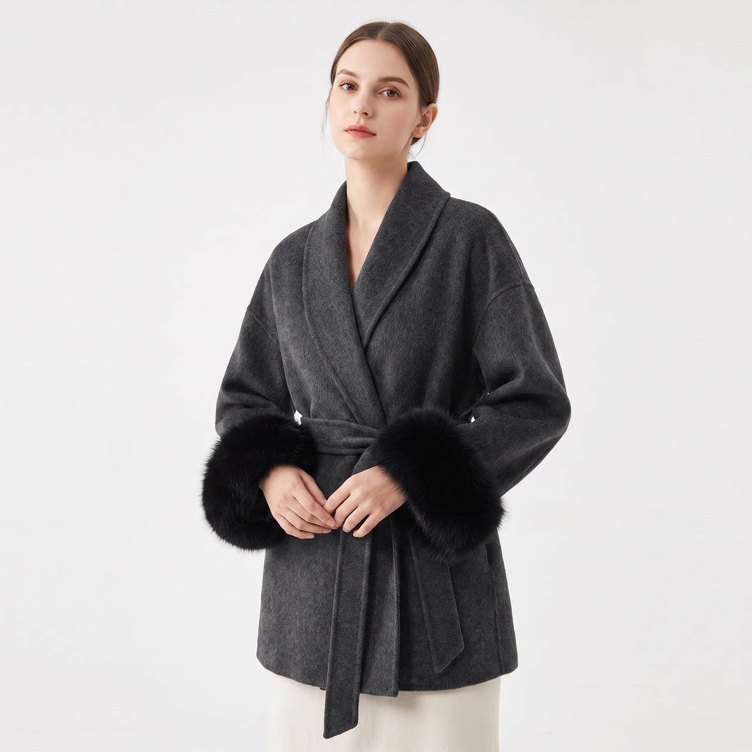Women's Wool Blend Wrap Coat Faux Fur Cuffs Belted Shawl Collar Luxury Winter Coat