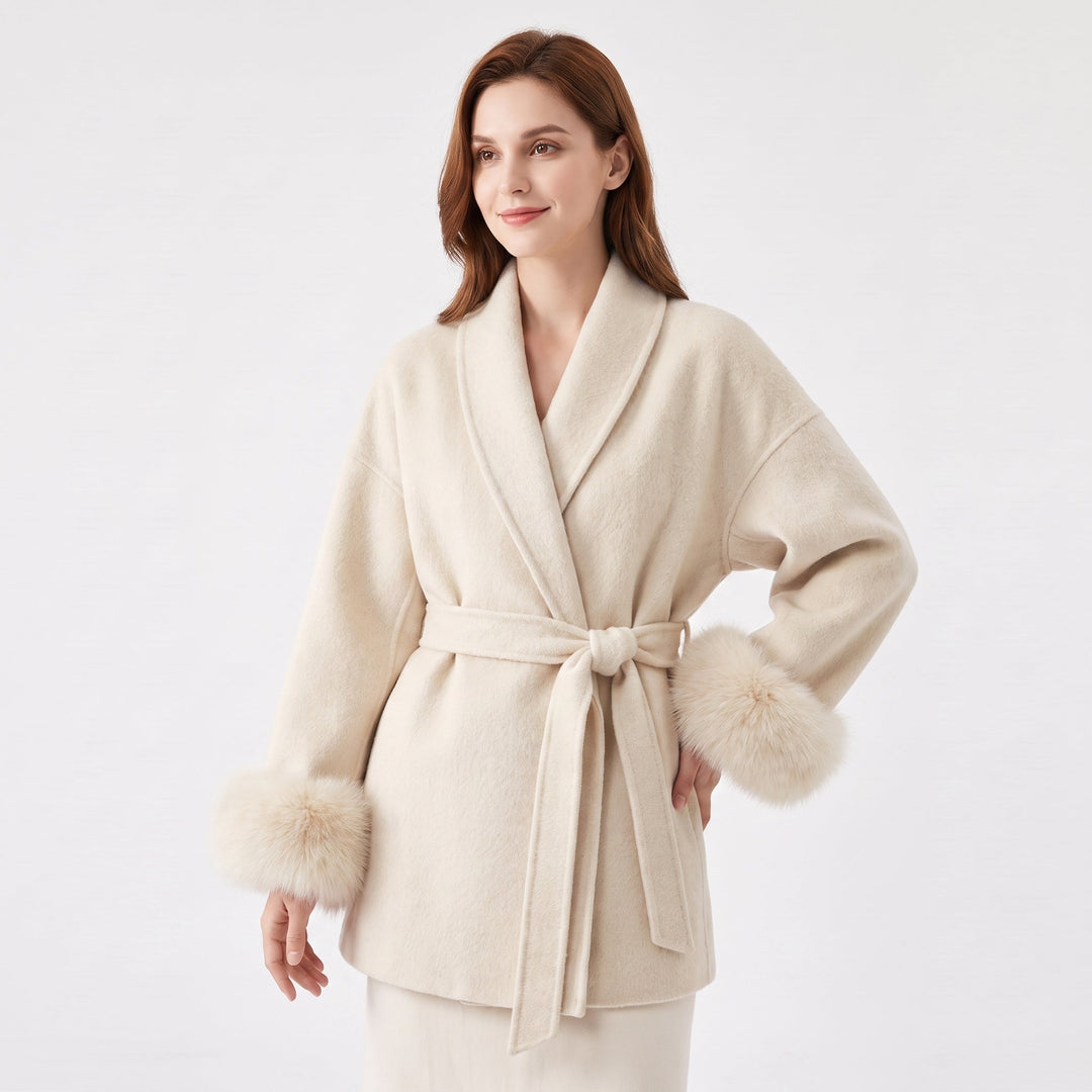 Women's Wool Blend Wrap Coat Faux Fur Cuffs Belted Shawl Collar Luxury Winter Coat