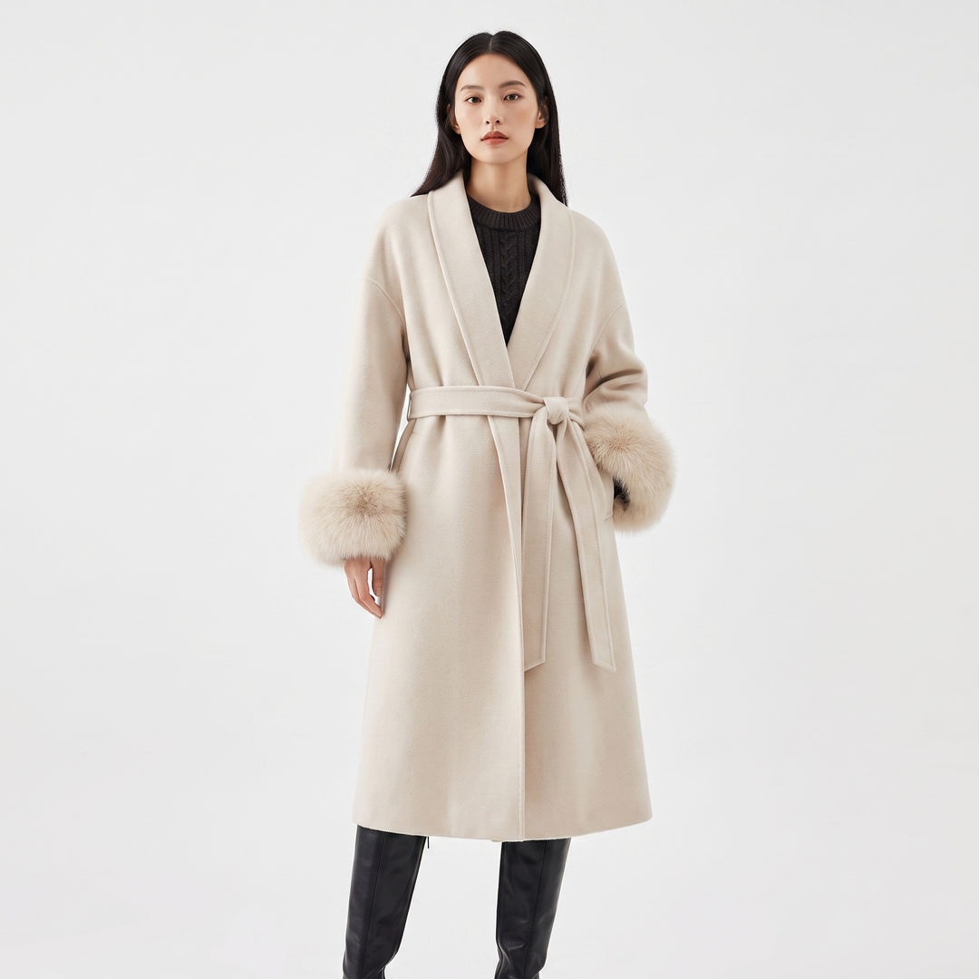Women's Wool Blend Wrap Coat Faux Fur Cuffs Belted Shawl Collar Luxury Winter Coat