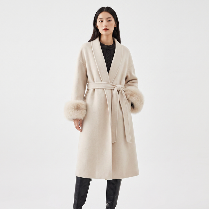 Women's Wool Blend Wrap Coat Faux Fur Cuffs Belted Shawl Collar Luxury Winter Coat
