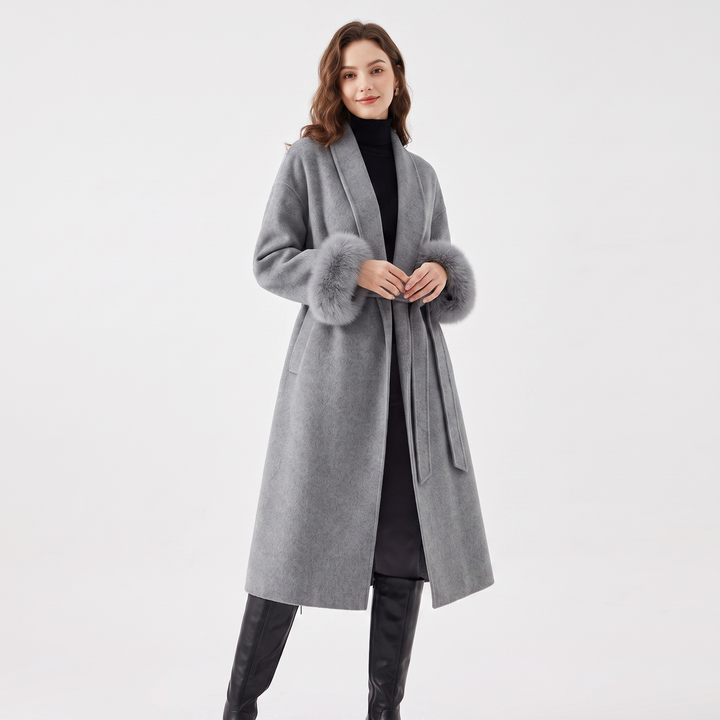 Women's Wool Blend Wrap Coat Faux Fur Cuffs Belted Shawl Collar Luxury Winter Coat