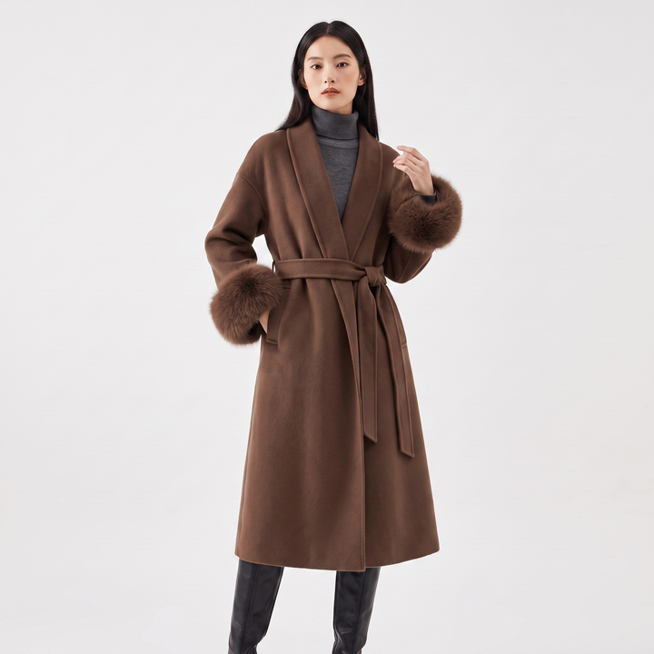 Women's Wool Blend Wrap Coat Faux Fur Cuffs Belted Shawl Collar Luxury Winter Coat