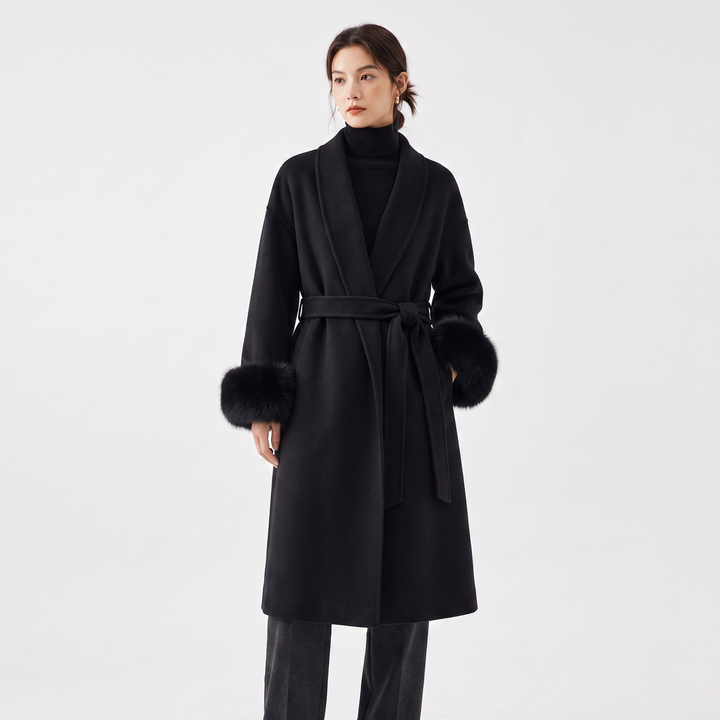 Women's Wool Blend Wrap Coat Faux Fur Cuffs Belted Shawl Collar Luxury Winter Coat