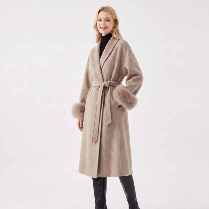 Women's Wool Blend Wrap Coat Faux Fur Cuffs Belted Shawl Collar Luxury Winter Coat