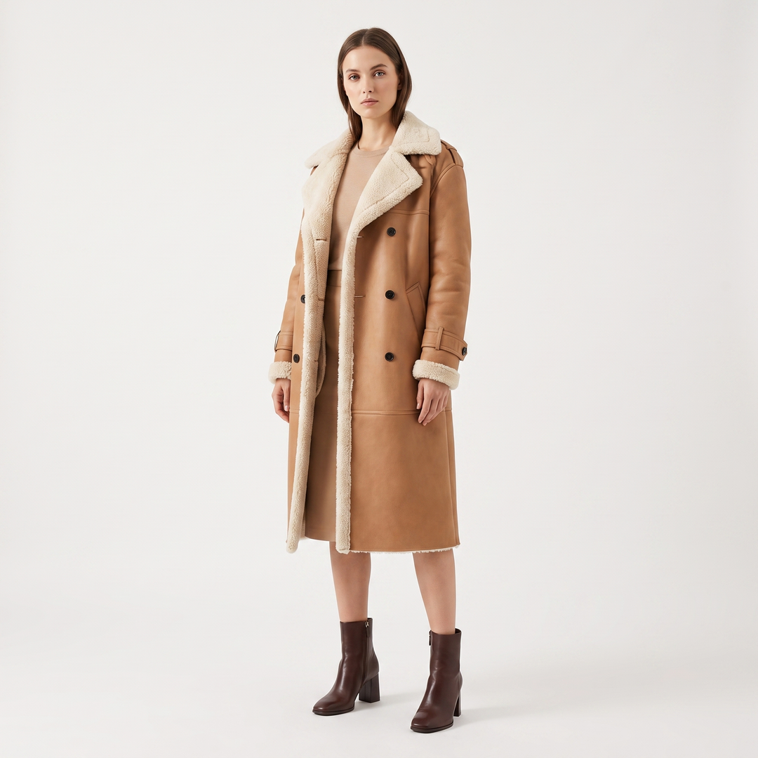Women's Shearling Lined Double Breasted Long Coat Faux Suede Teddy Winter Jacket