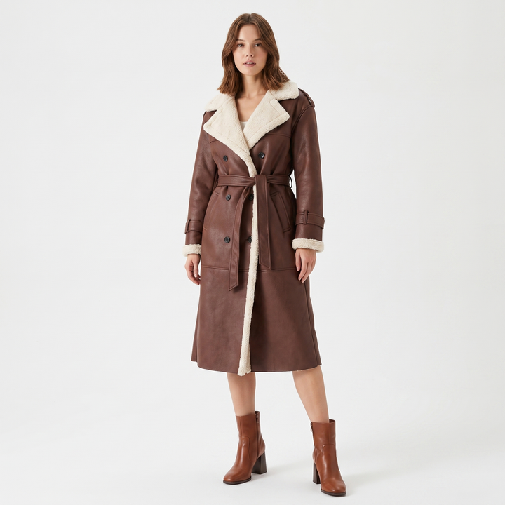 Women's Shearling Lined Double Breasted Long Coat Faux Suede Teddy Winter Jacket
