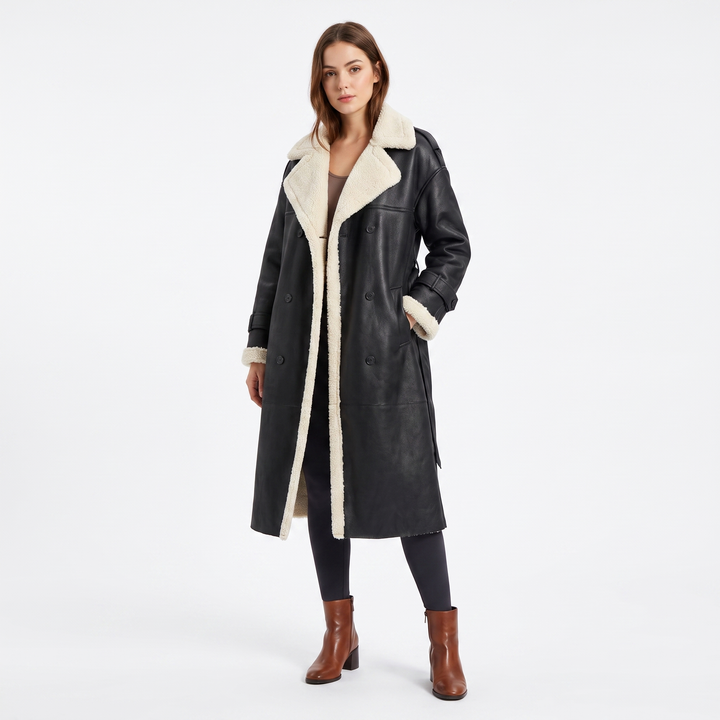 Women's Shearling Lined Double Breasted Long Coat Faux Suede Teddy Winter Jacket