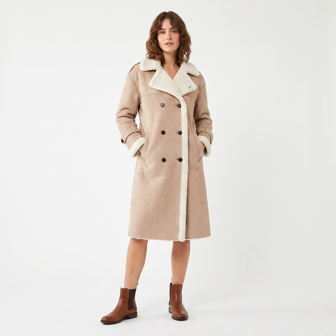 Women's Shearling Lined Double Breasted Long Coat Faux Suede Teddy Winter Jacket