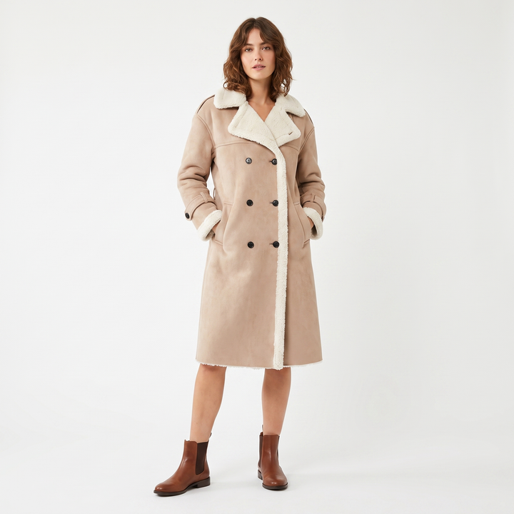 Women's Shearling Lined Double Breasted Long Coat Faux Suede Teddy Winter Jacket