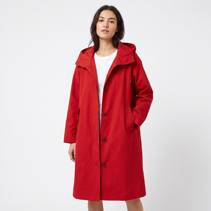 Women's Oversized Hooded Trench Coat Button Front Longline Casual Windbreaker Jacket