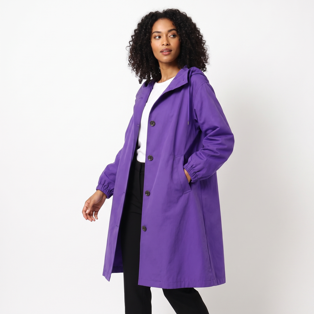 Women's Oversized Hooded Trench Coat Button Front Longline Casual Windbreaker Jacket
