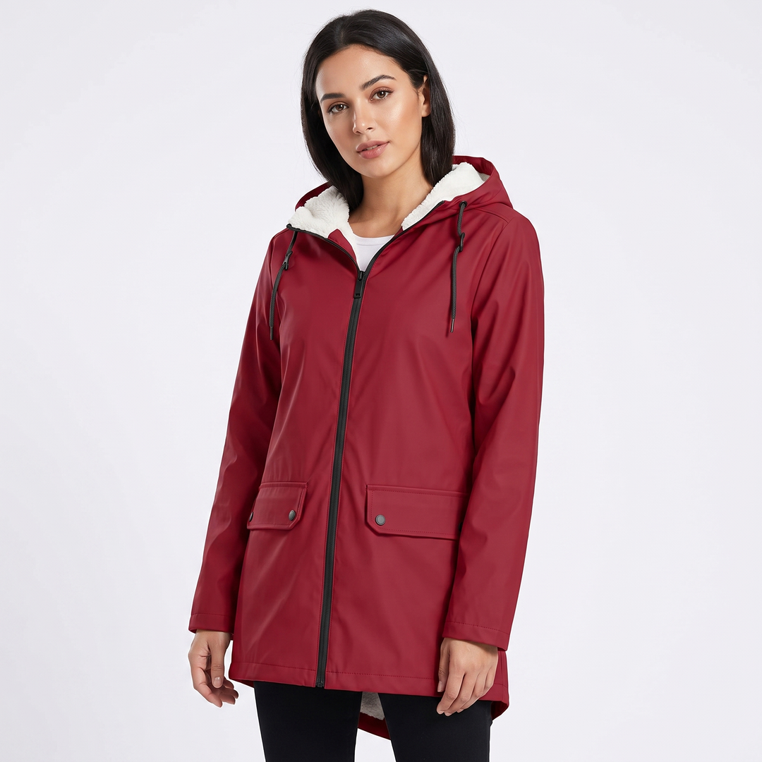 Women's Sherpa Lined Waterproof Rain Jacket Hooded Fleece Zip Up Outdoor Coat