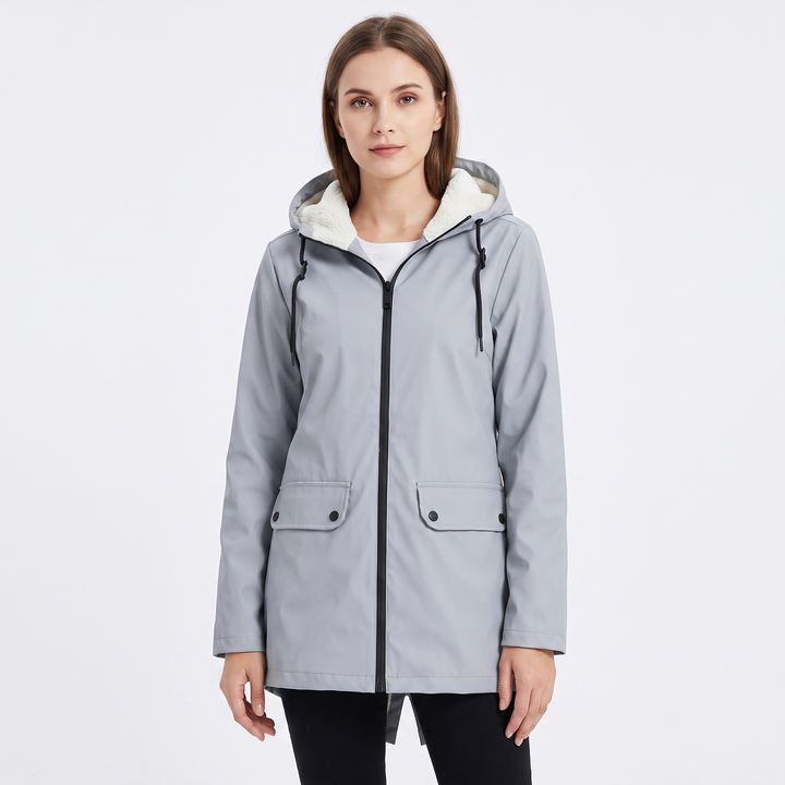 Women's Sherpa Lined Waterproof Rain Jacket Hooded Fleece Zip Up Outdoor Coat
