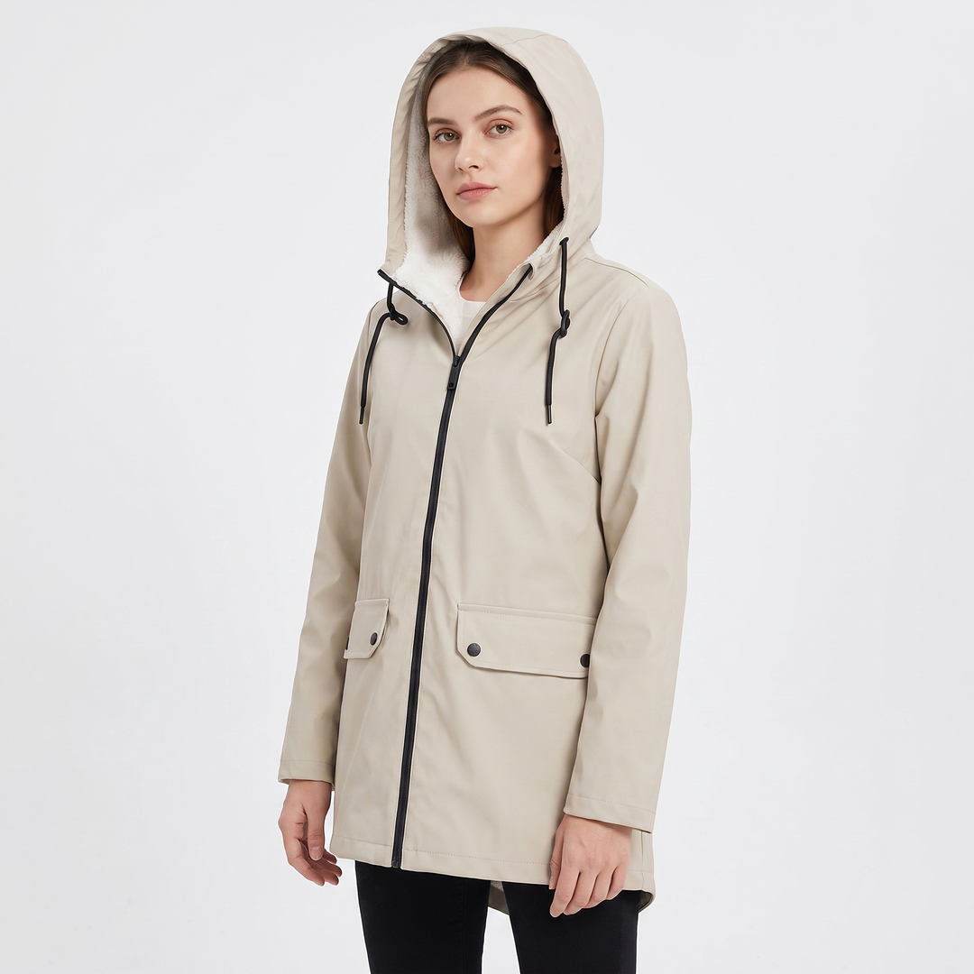 Women's Sherpa Lined Waterproof Rain Jacket Hooded Fleece Zip Up Outdoor Coat