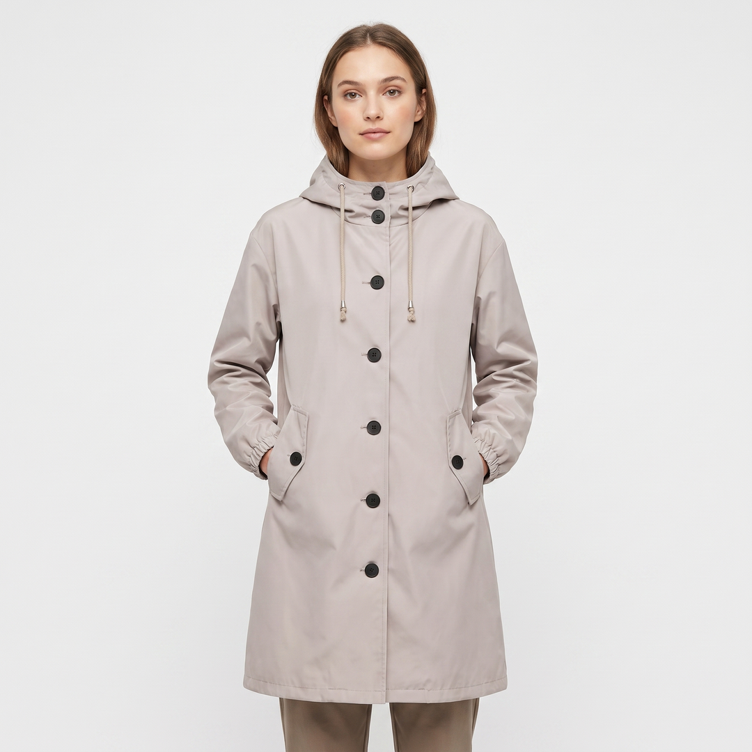 Women's Waterproof Hooded Rain Coat Button Front Longline Windproof Outdoor Jacket
